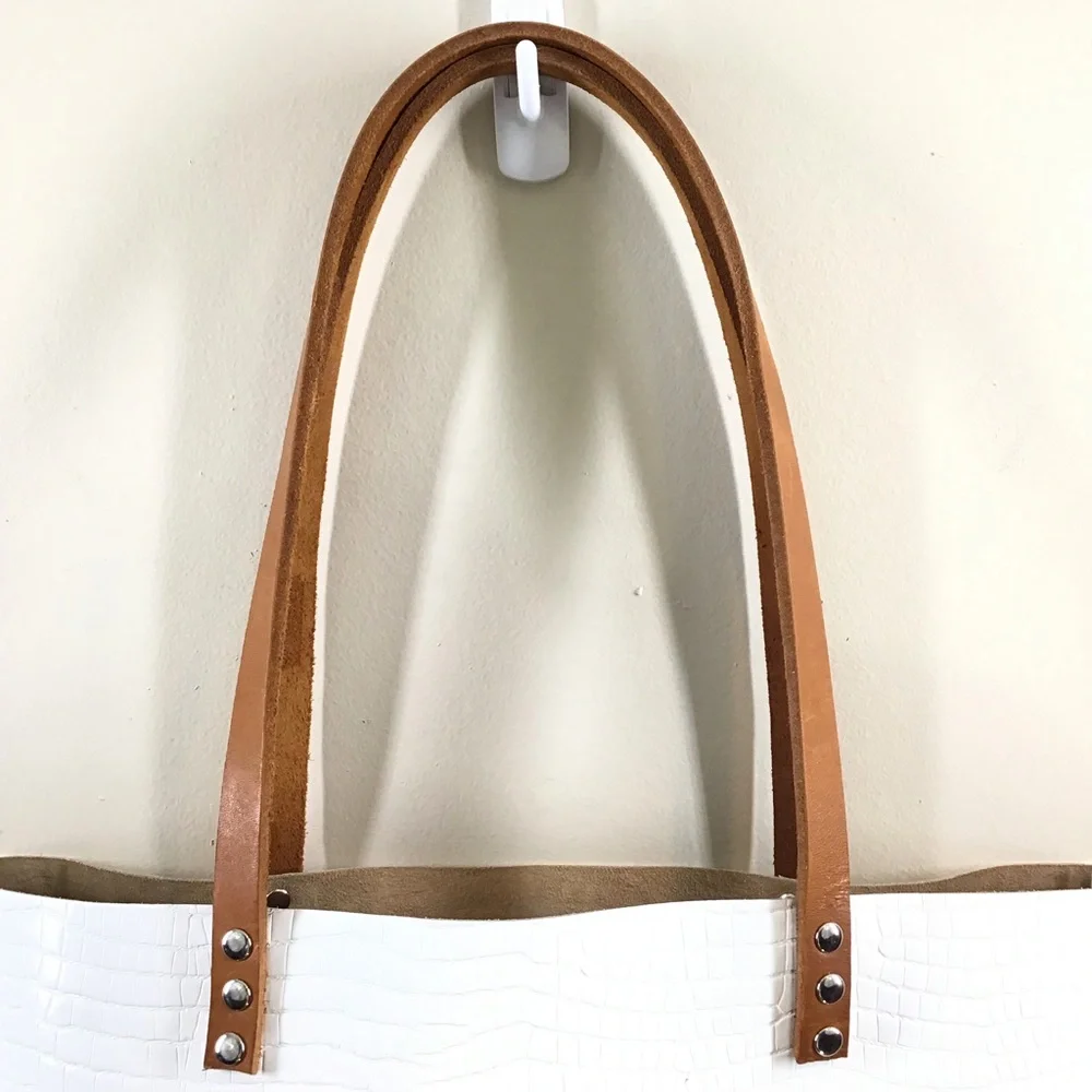 New Handmade croc embossed white leather large unlined tote shoulder handbag